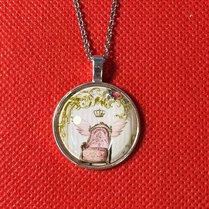 Marie Antoinette Pink Throne with Pink Wings Silver Tone Pendant Necklace